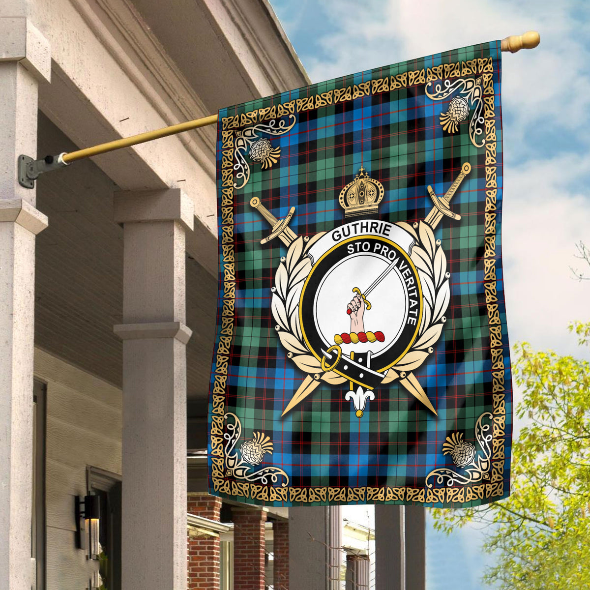 Guthrie Ancient Tartan Crest Garden Flag - Celtic Thistle Style