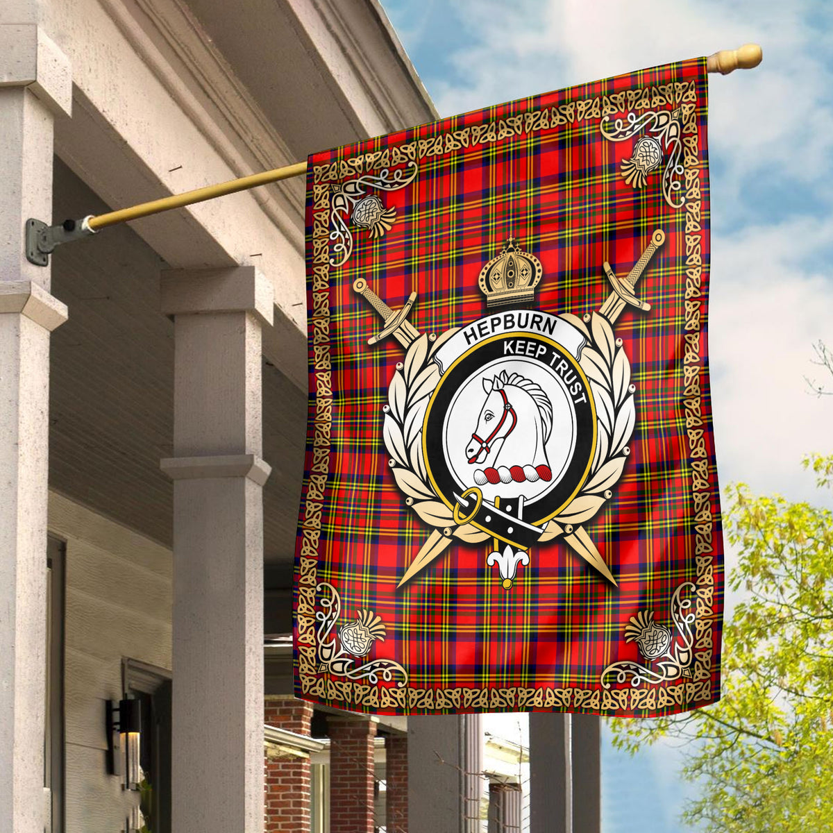 Hepburn Tartan Crest Garden Flag - Celtic Thistle Style