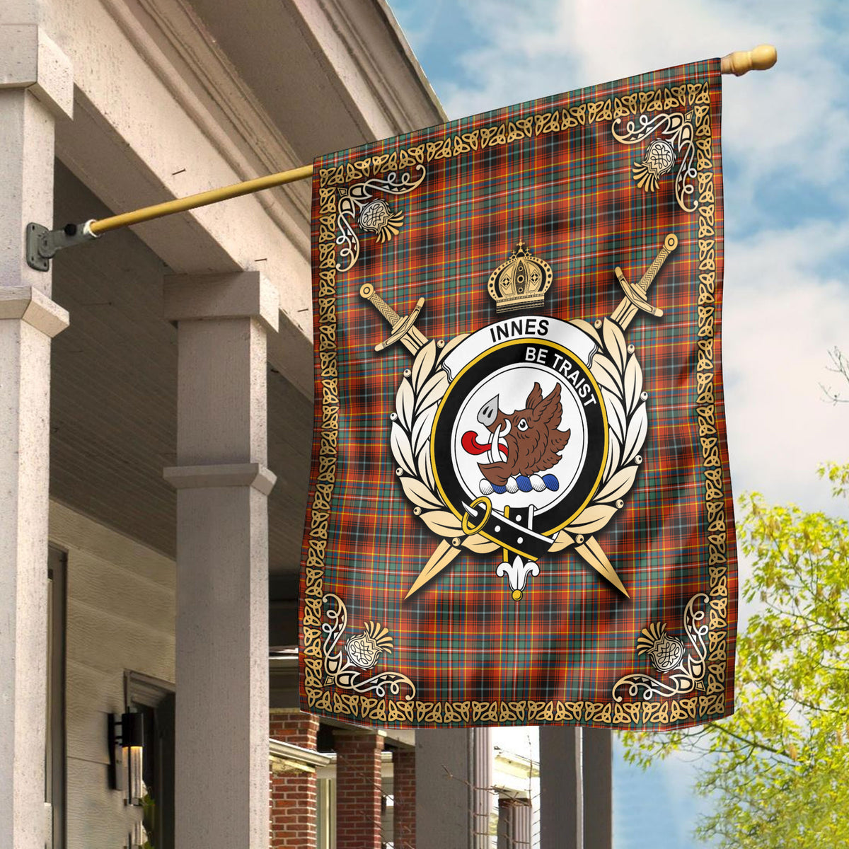 Innes Ancient Tartan Crest Garden Flag - Celtic Thistle Style