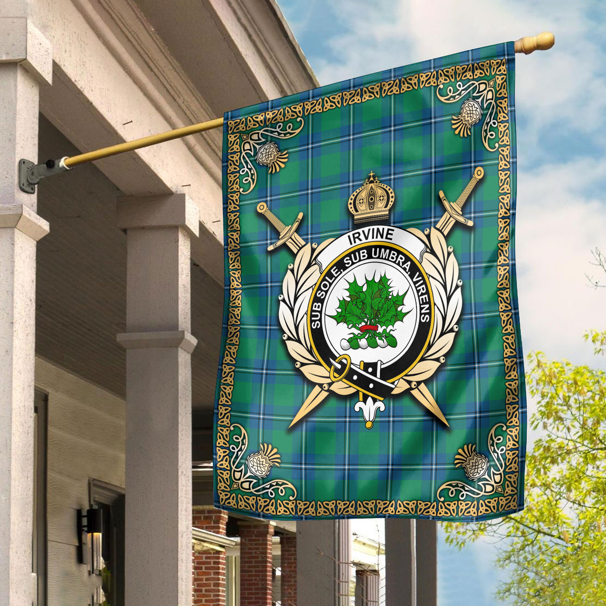 Irvine Ancient Tartan Crest Garden Flag - Celtic Thistle Style