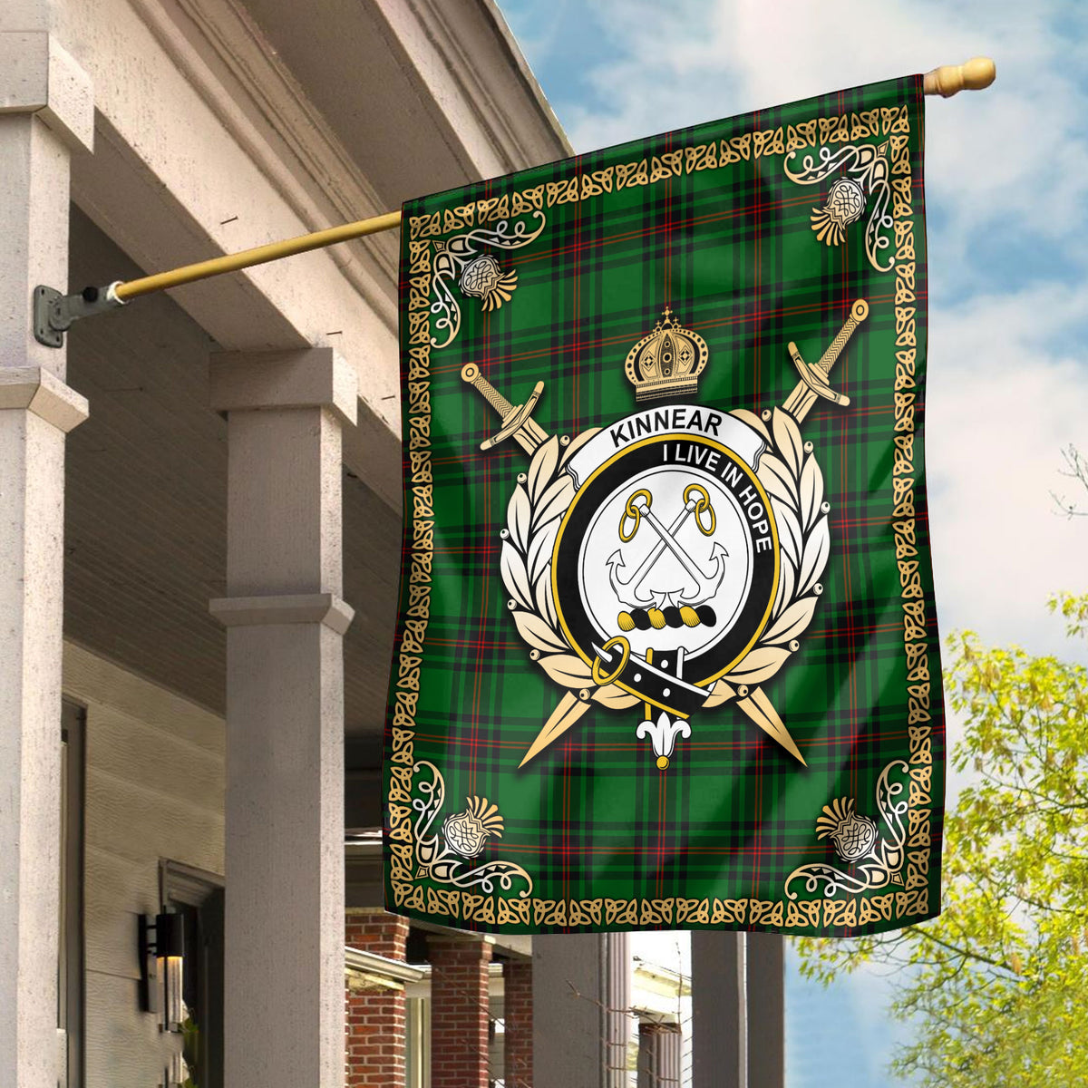 Kinnear Tartan Crest Garden Flag - Celtic Thistle Style