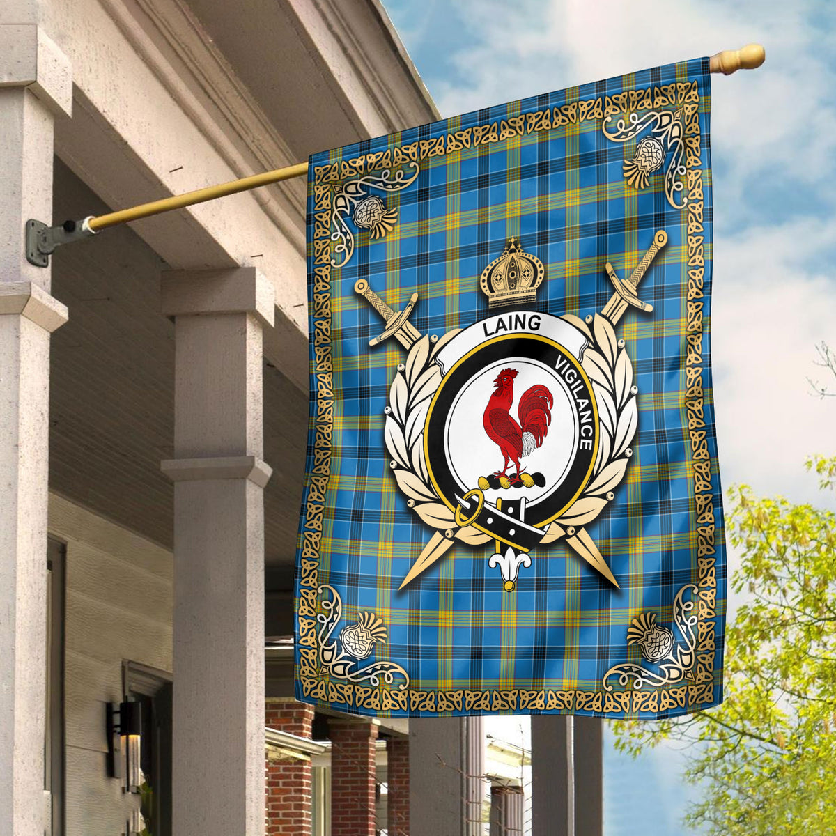 Laing Tartan Crest Garden Flag - Celtic Thistle Style