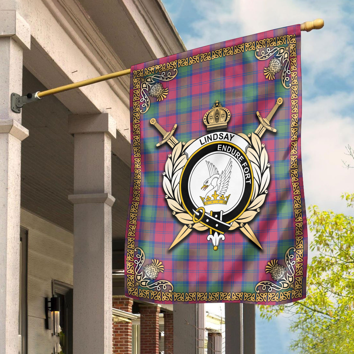 Lindsay Ancient Tartan Crest Garden Flag - Celtic Thistle Style