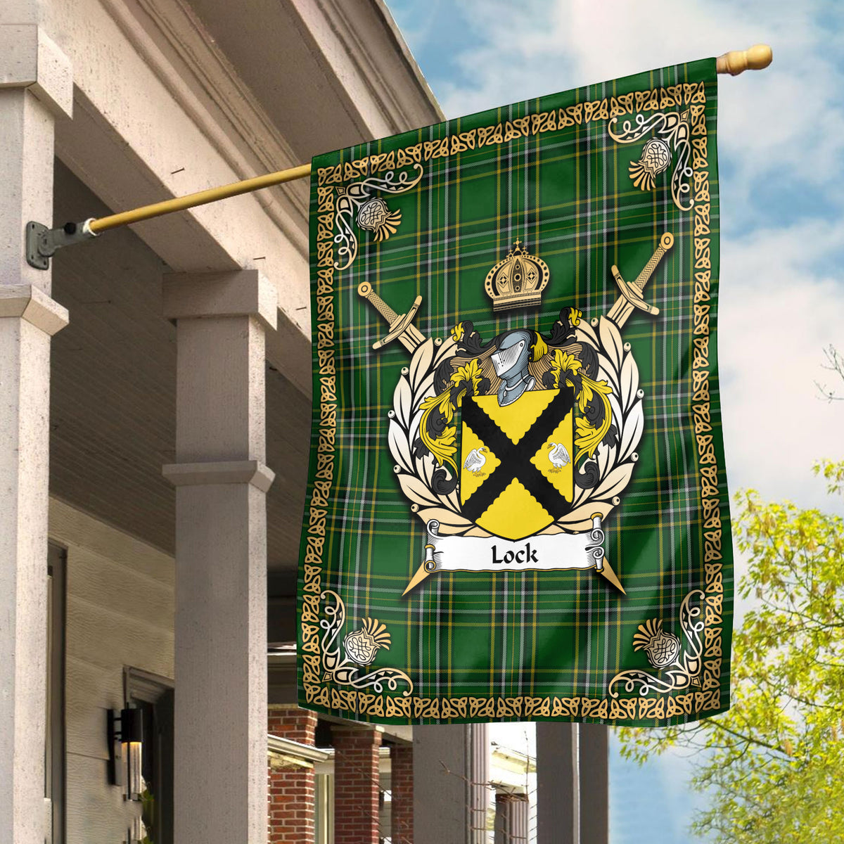 Lock Tartan Crest Black Garden Flag - Gold Thistle Style