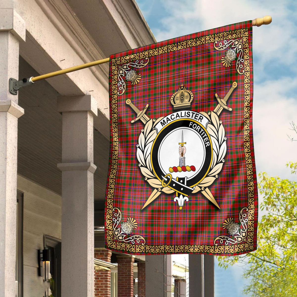 MacAlister Modern Tartan Crest Garden Flag - Celtic Thistle Style