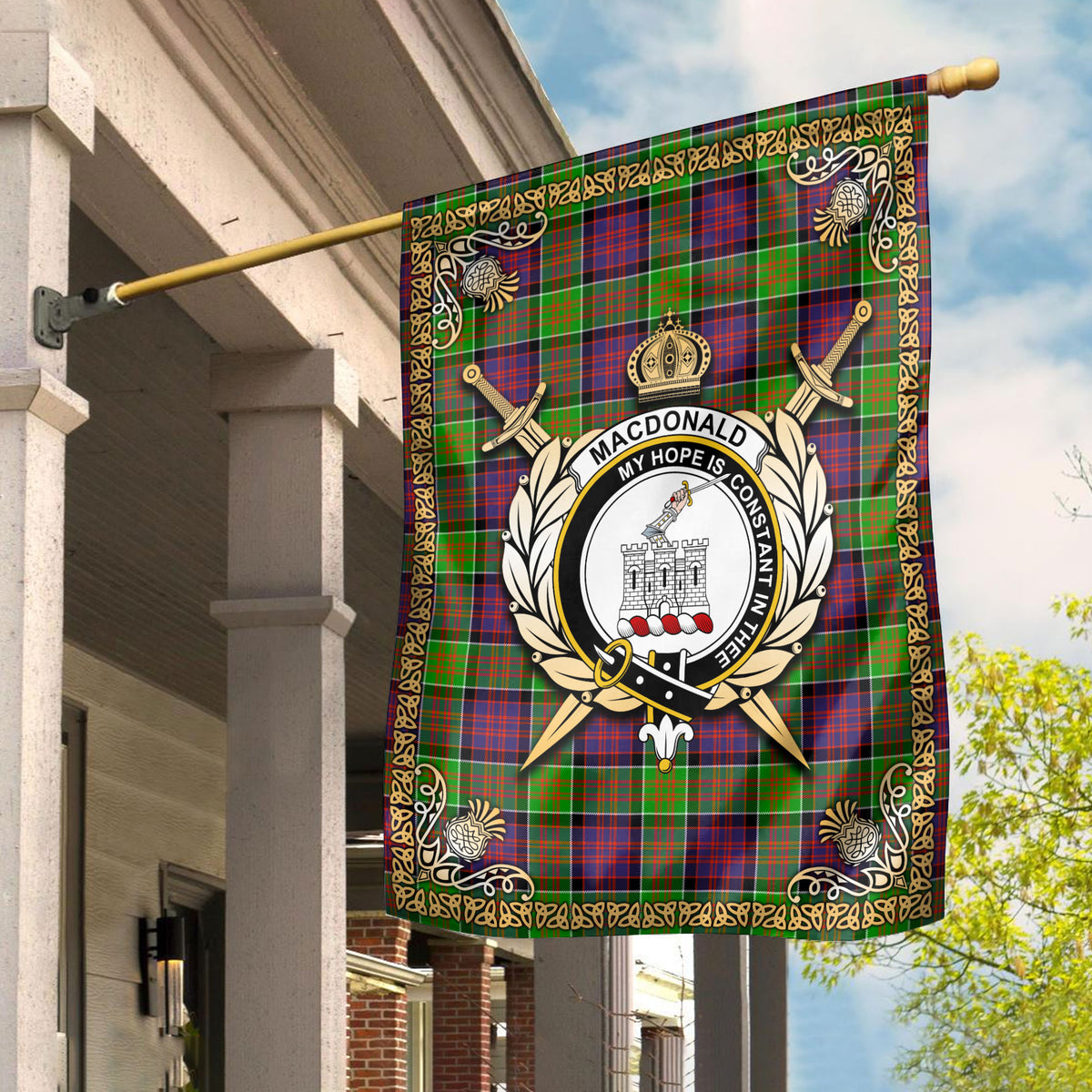 MacDonald (Clan Ranald) Tartan Crest Garden Flag - Celtic Thistle Style