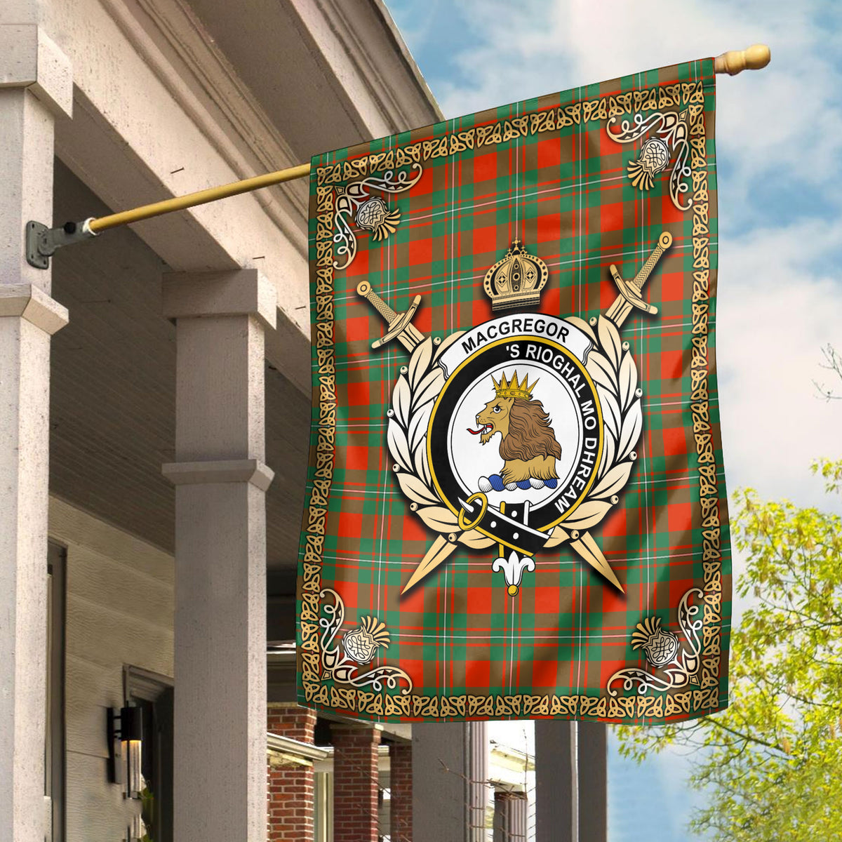 MacGregor Ancient Tartan Crest Garden Flag - Celtic Thistle Style