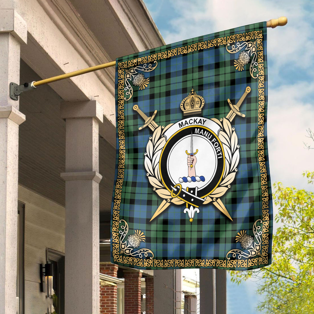 MacKay Ancient Tartan Crest Garden Flag - Celtic Thistle Style