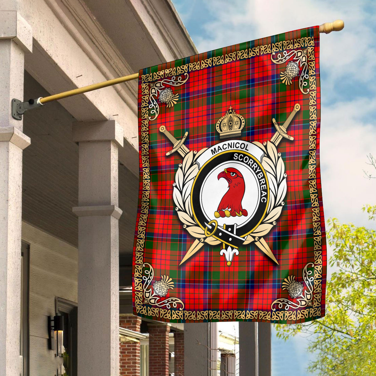 MacNicol (of Scorrybreac) Tartan Crest Garden Flag - Celtic Thistle Style