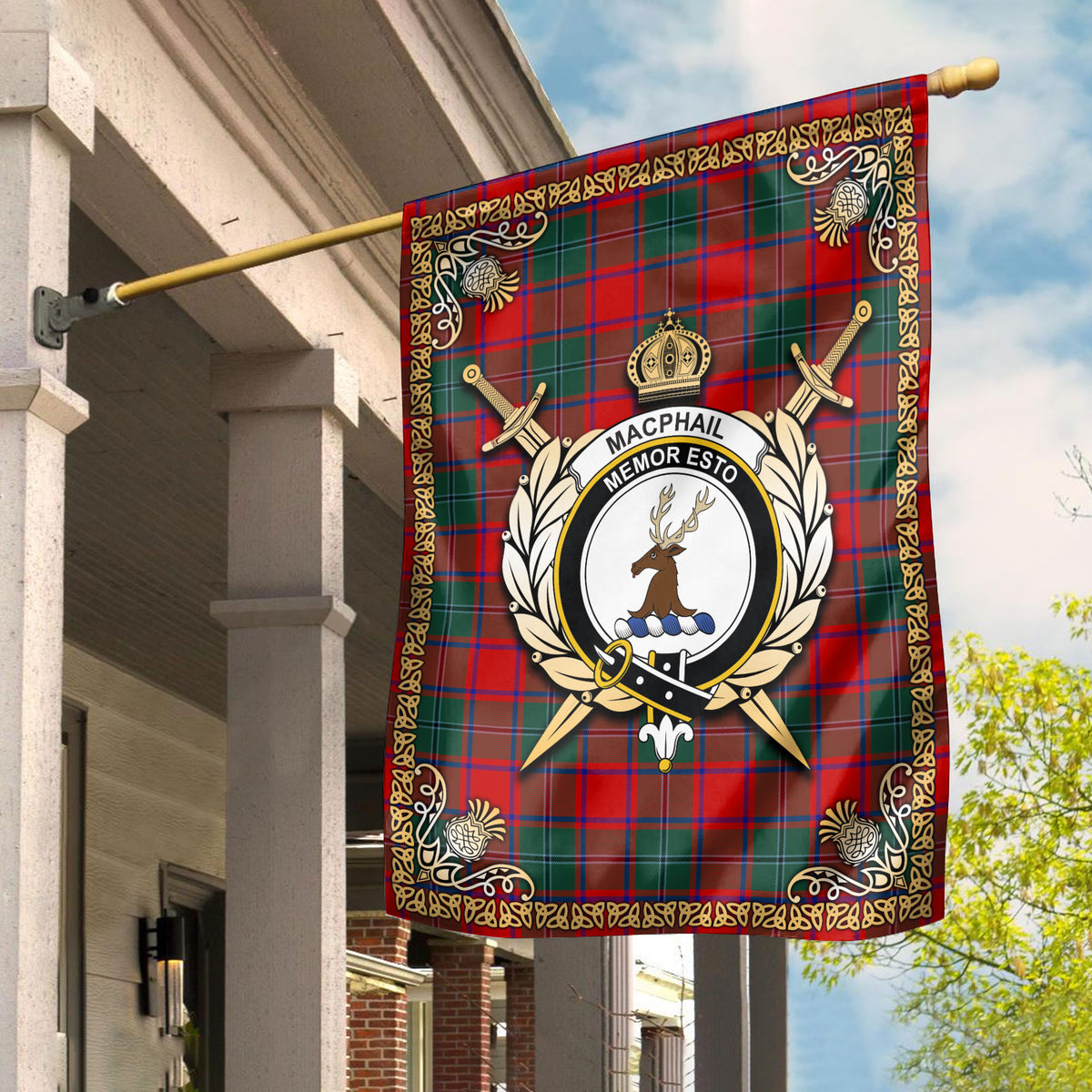 MacPhail Clan Tartan Crest Garden Flag - Celtic Thistle Style