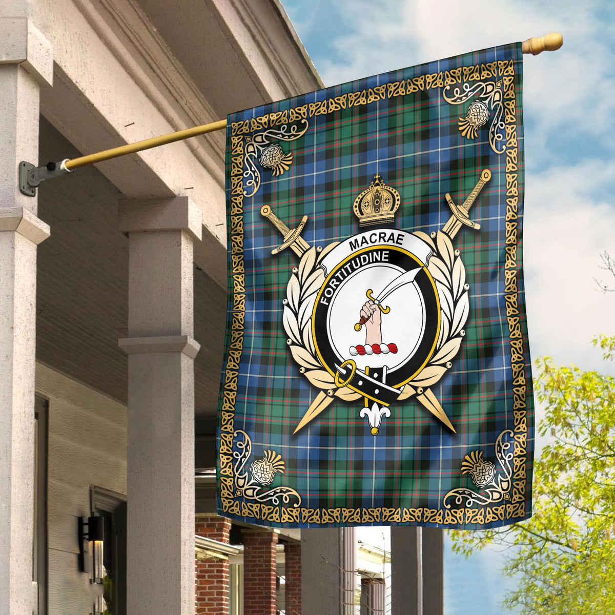 MacRae Hunting Ancient Tartan Crest Garden Flag - Celtic Thistle Style