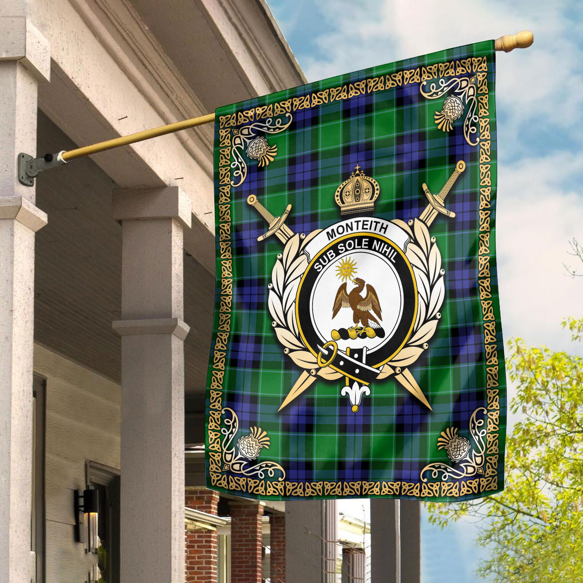 Monteith Tartan Crest Garden Flag - Celtic Thistle Style