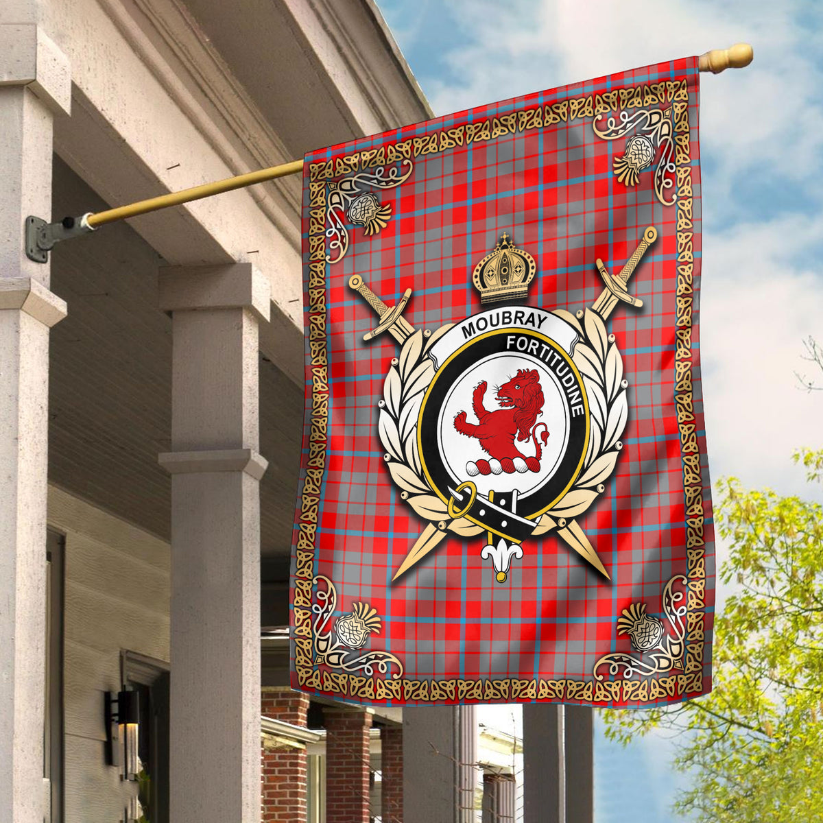 Moubray Tartan Crest Garden Flag - Celtic Thistle Style