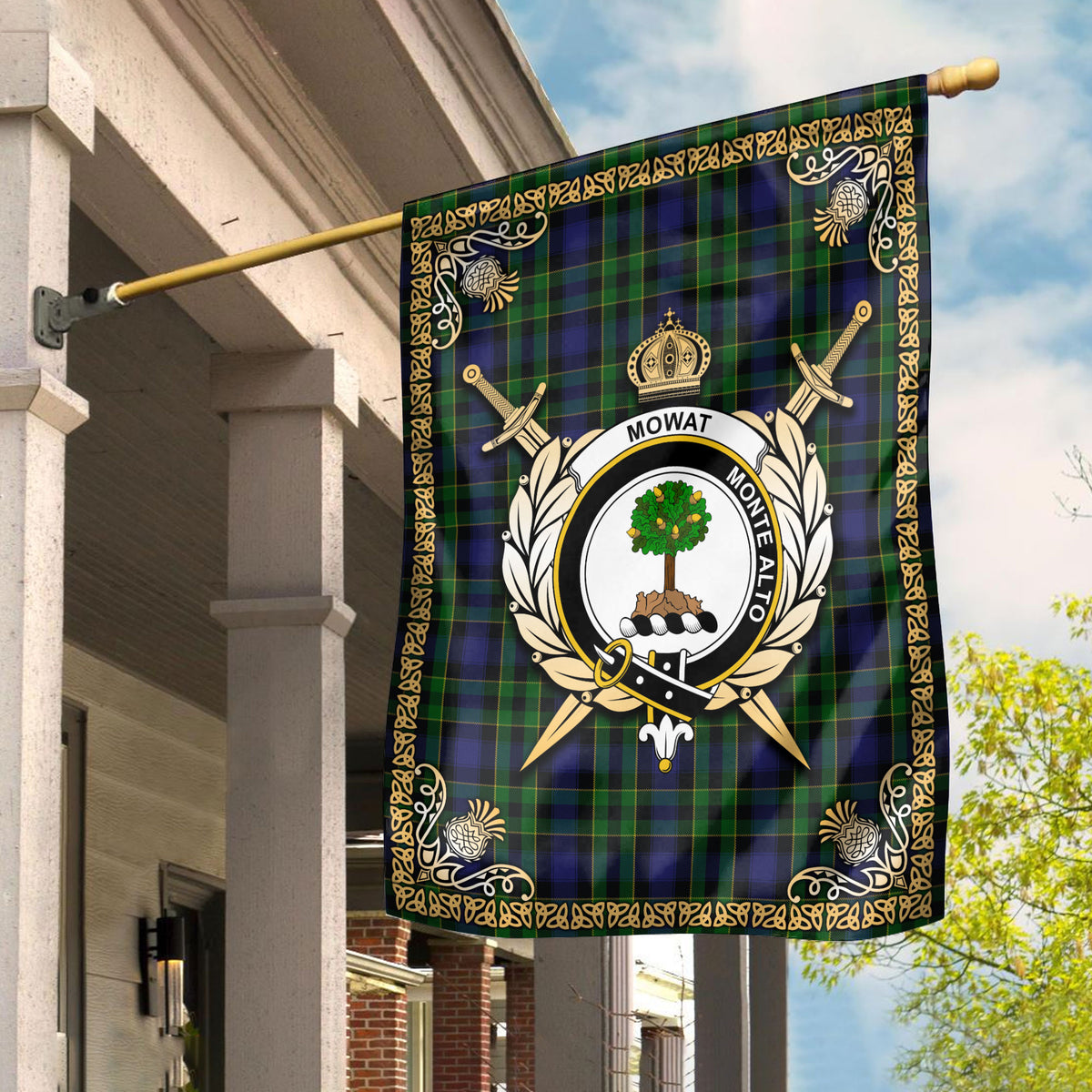 Mowat Modern Tartan Crest Garden Flag - Celtic Thistle Style