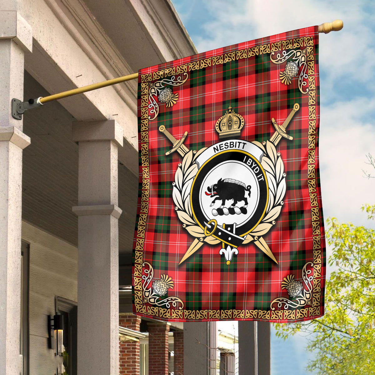 Nesbitt Modern Tartan Crest Garden Flag - Celtic Thistle Style