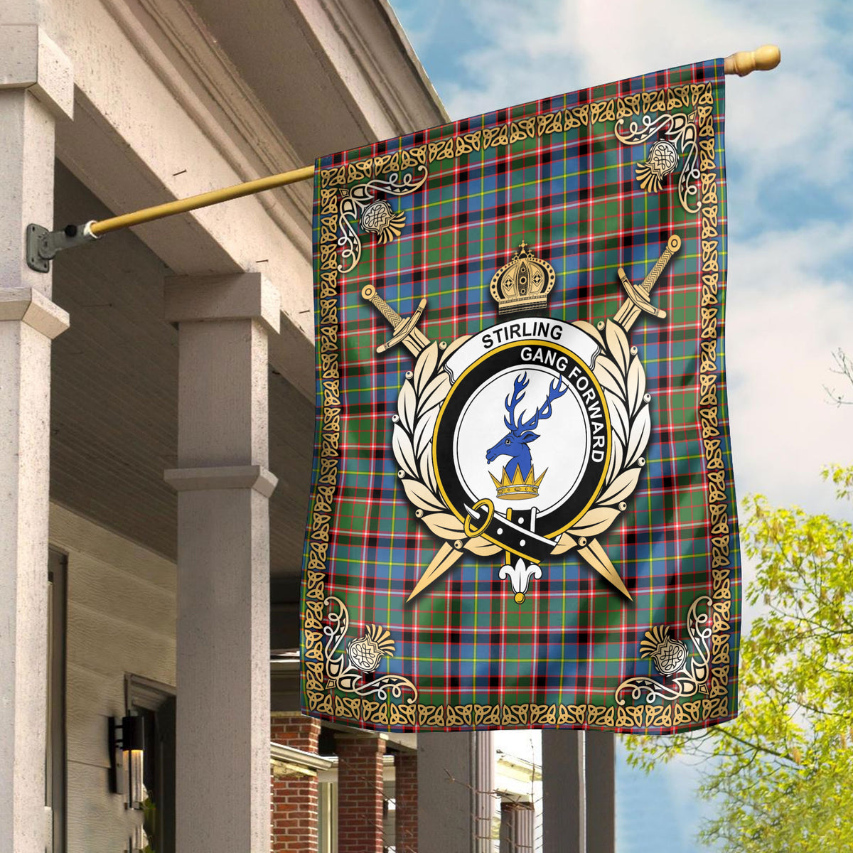 Stirling (of Cadder-Present Chief) Tartan Crest Garden Flag - Celtic Thistle Style