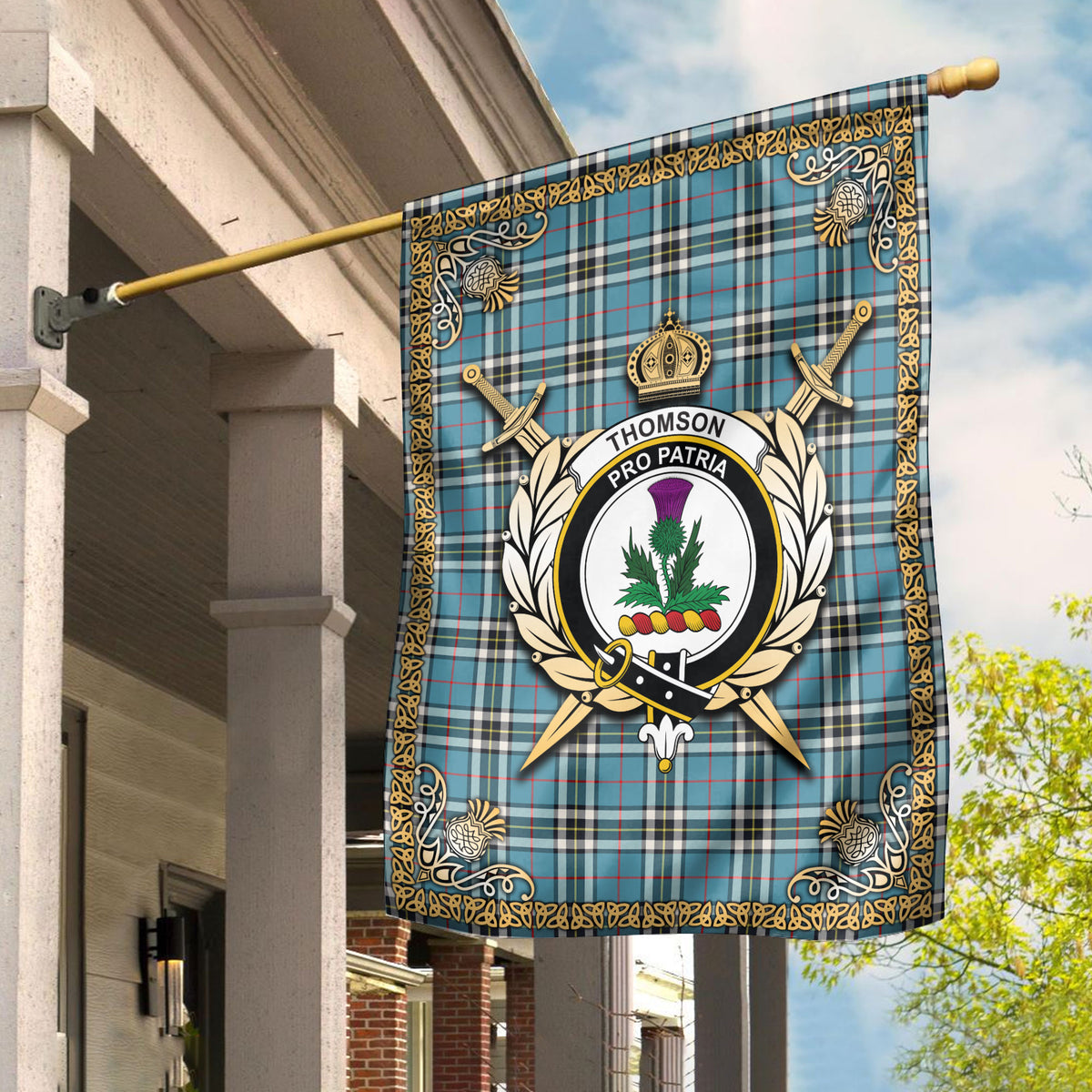 Thomson Blue Tartan Crest Garden Flag - Celtic Thistle Style