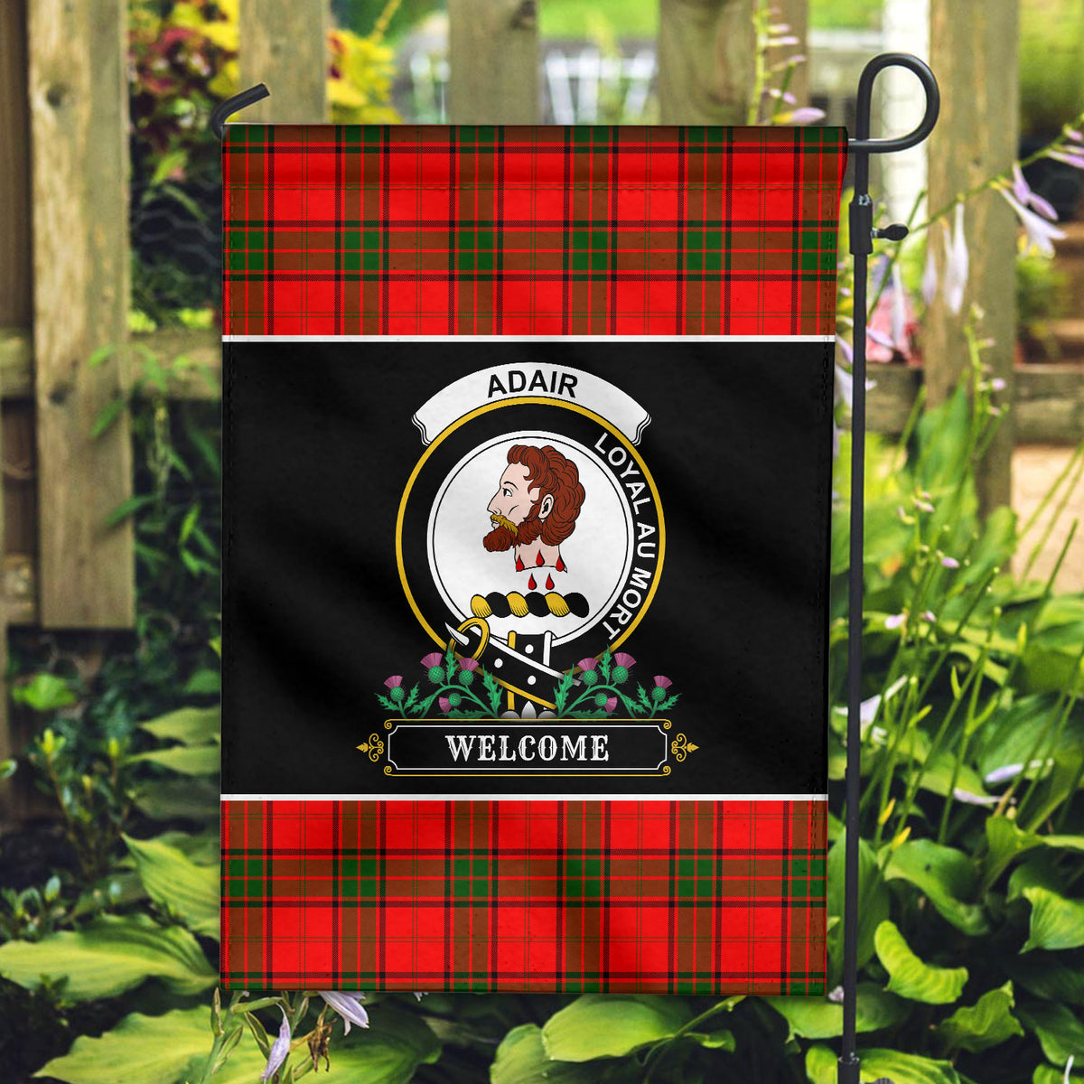 Adair Modern Tartan Crest Garden Flag - Welcome Style