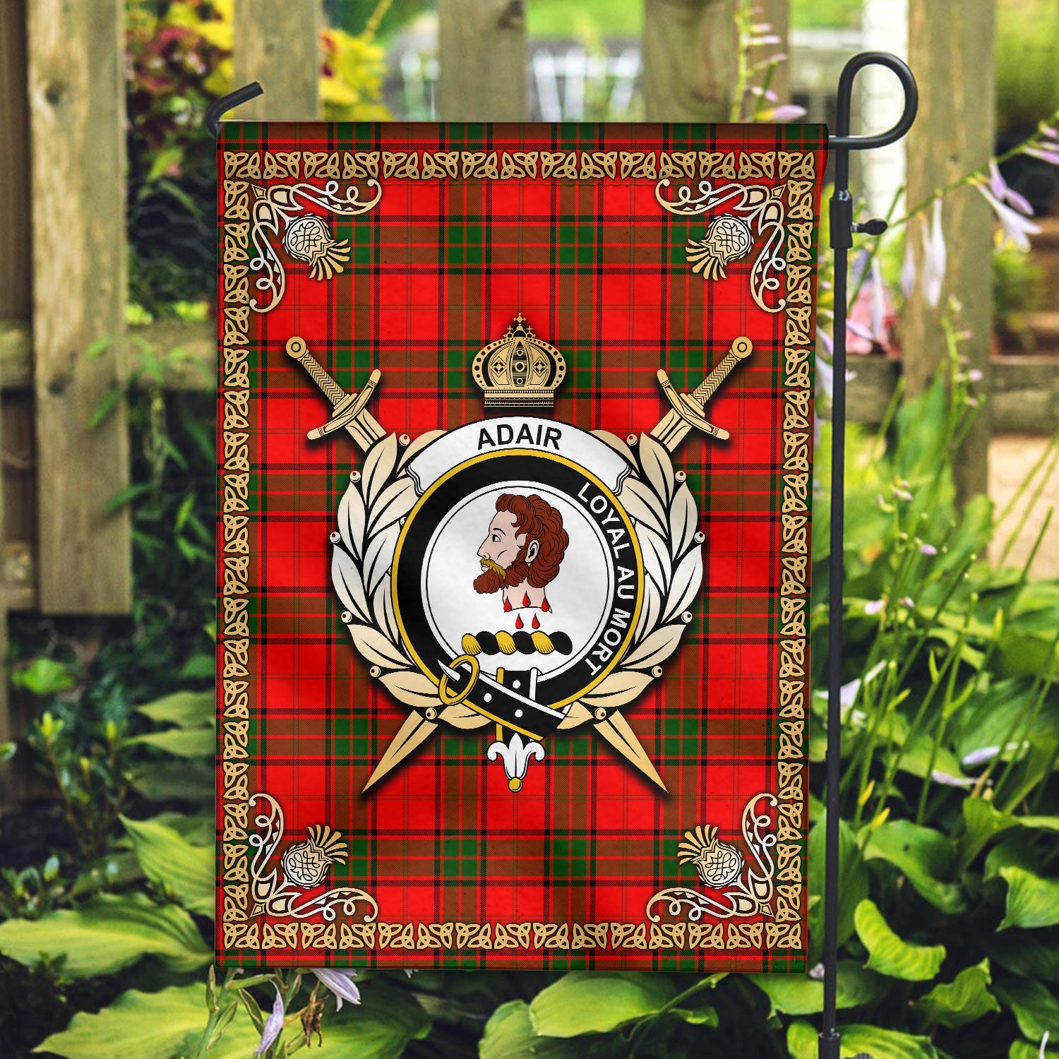 Adair Modern Tartan Crest Garden Flag - Celtic Thistle Style
