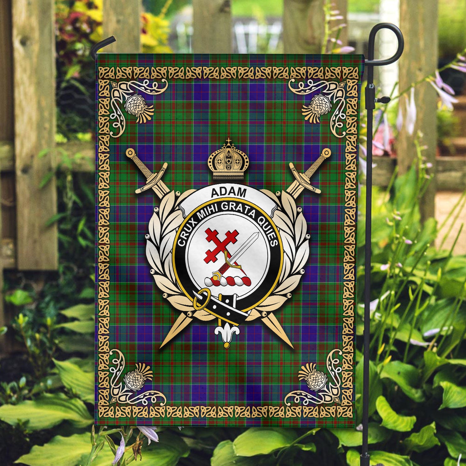 Adam Tartan Crest Garden Flag - Celtic Thistle Style