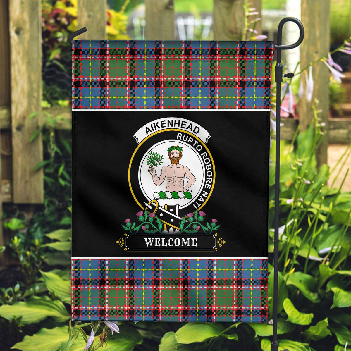 Aikenhead Tartan Crest Garden Flag - Welcome Style