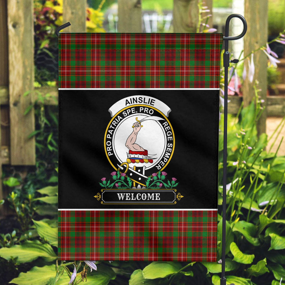 Ainslie Tartan Crest Garden Flag - Welcome Style