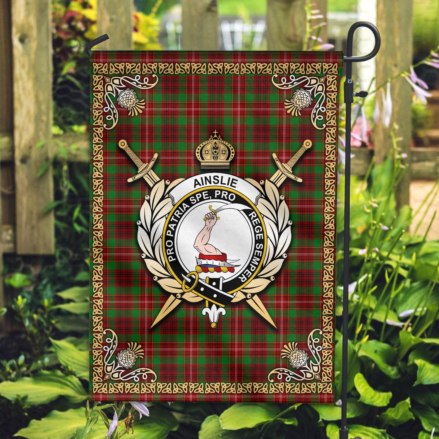 Ainslie Tartan Crest Garden Flag - Celtic Thistle Style