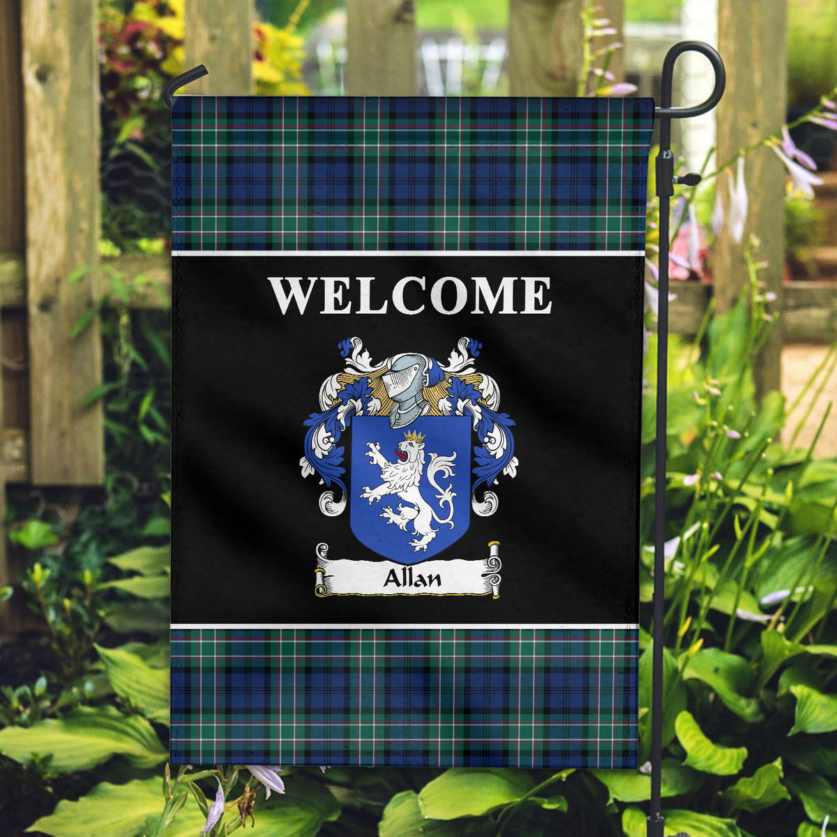 Allan Tartan Crest Black Garden Flag