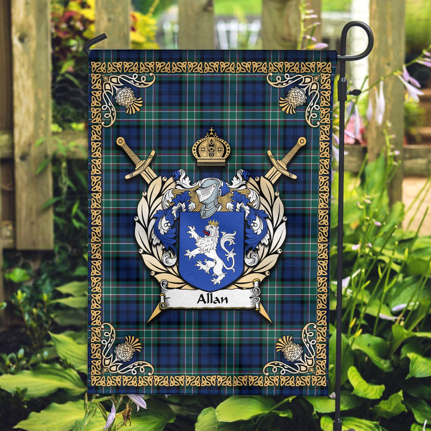 Allan Tartan Crest Garden Flag - Celtic Thistle Style