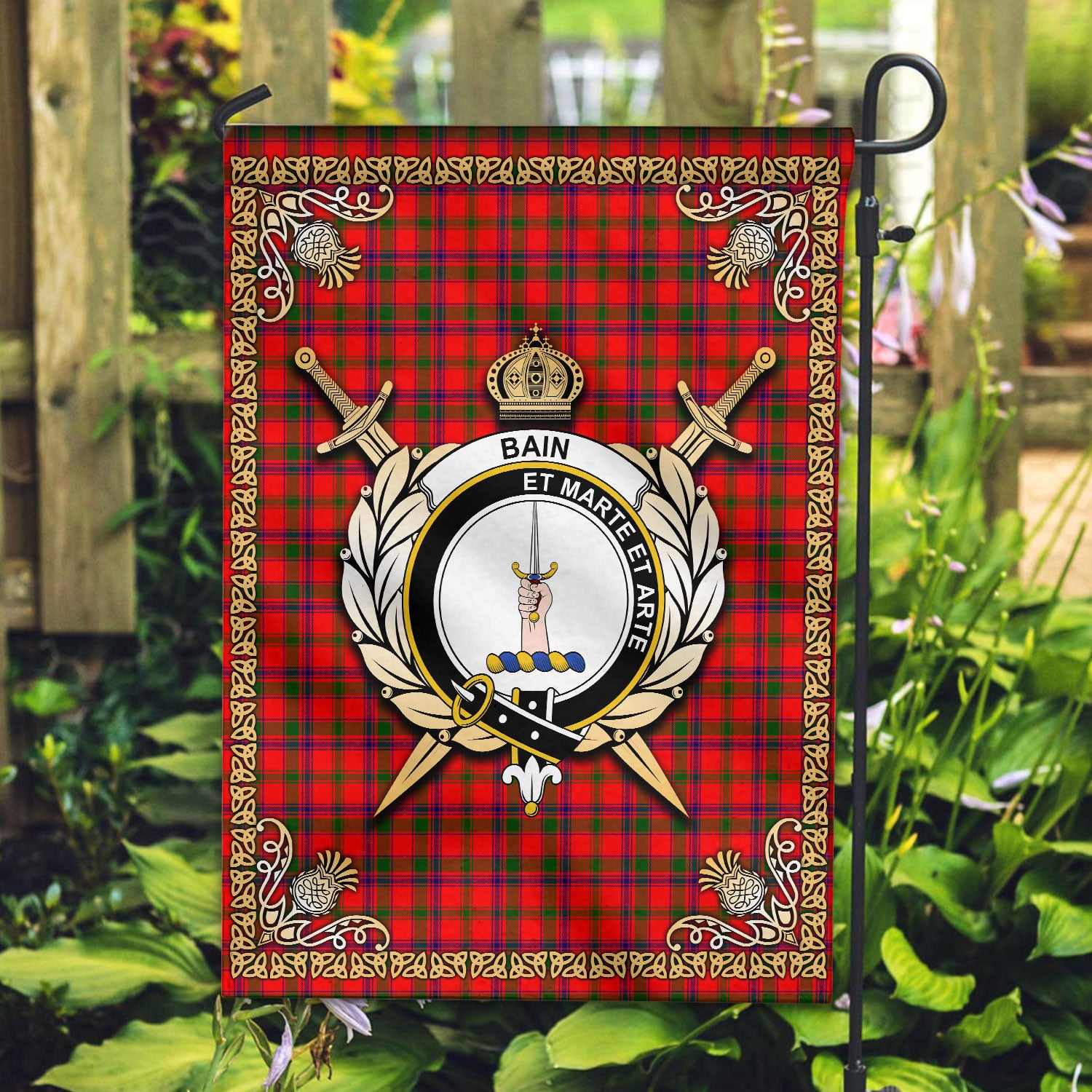 Bain Tartan Crest Garden Flag - Celtic Thistle Style