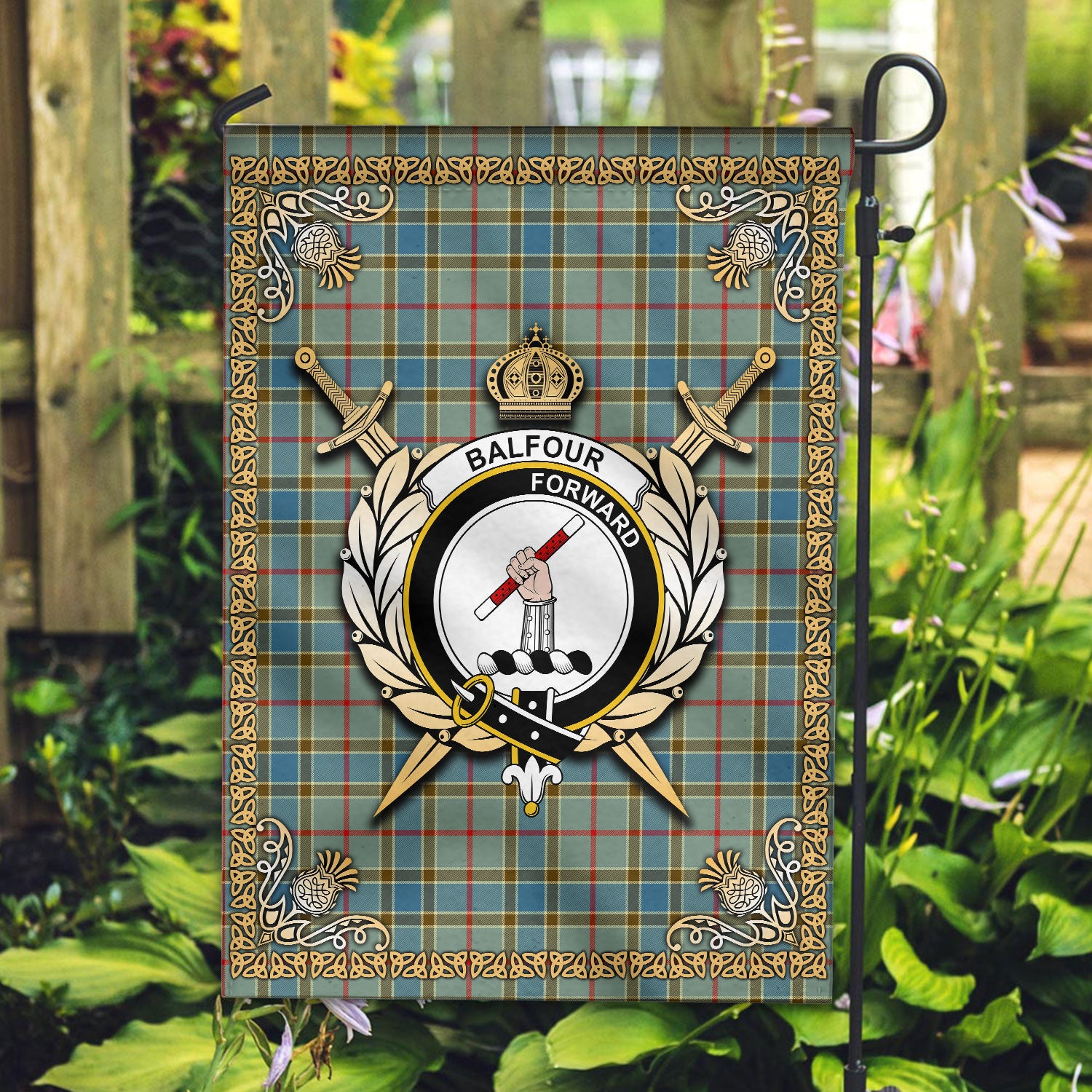 Balfour Blue Tartan Crest Garden Flag - Celtic Thistle Style