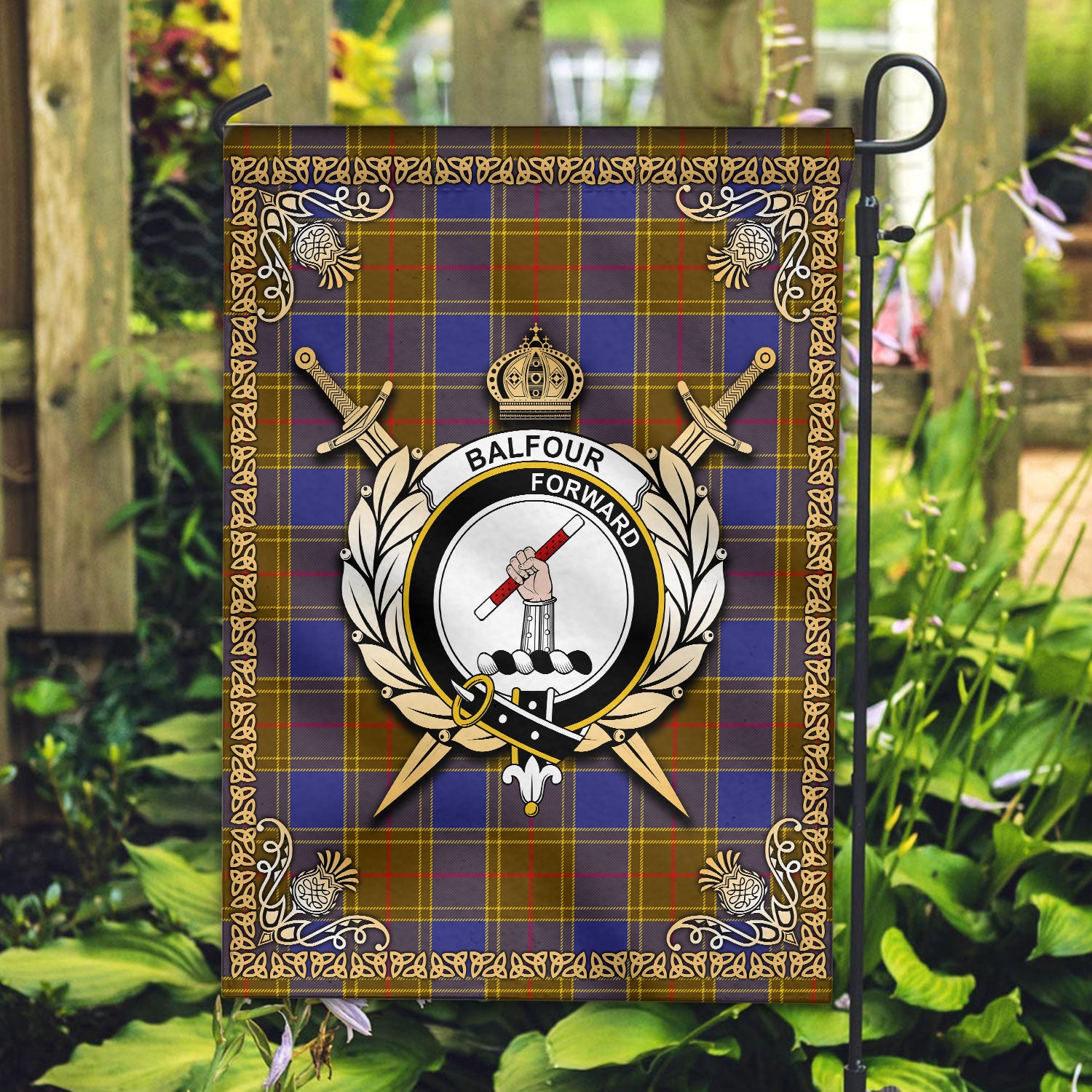 Balfour Modern Tartan Crest Garden Flag - Celtic Thistle Style