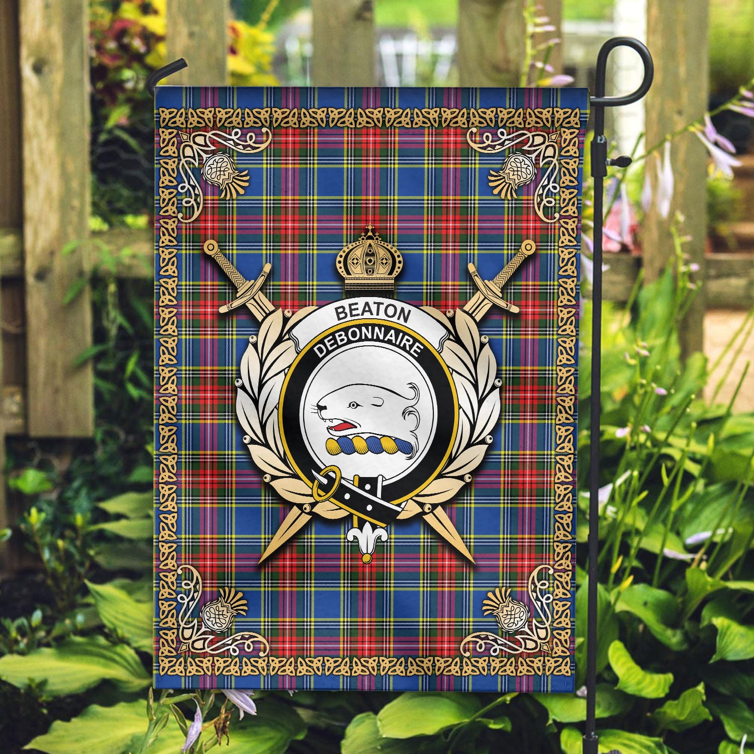 Beaton Modern Tartan Crest Garden Flag - Celtic Thistle Style