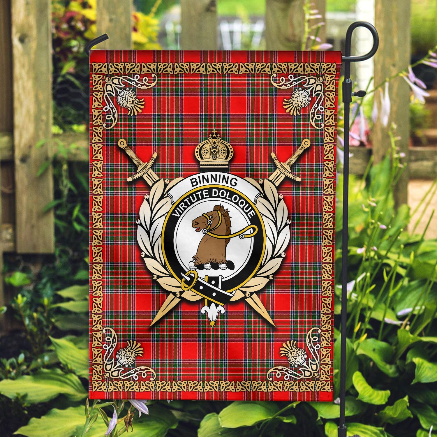 Binning (of Wallifoord) Tartan Crest Garden Flag - Celtic Thistle Style