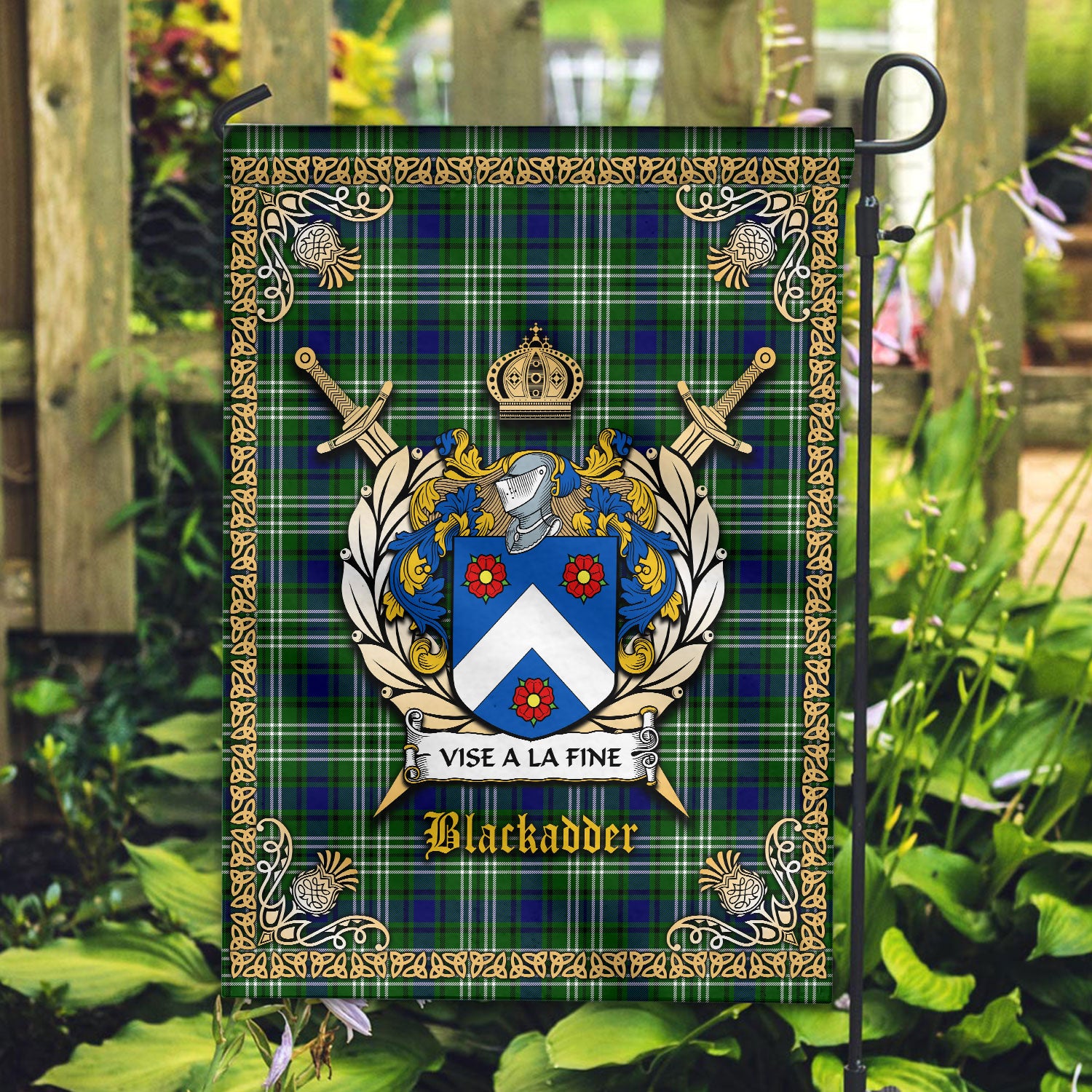 Blackadder Tartan Coat of Arms Garden Flag - Celtic Thistle Style