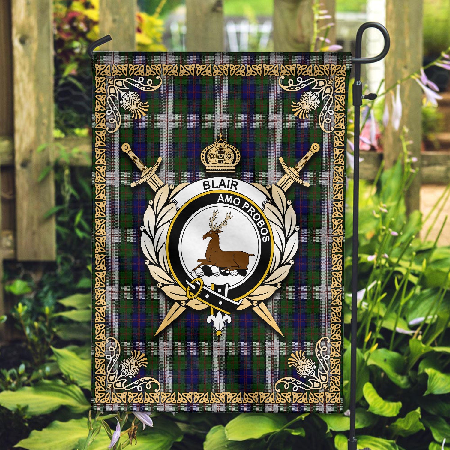 Blair Dress Tartan Crest Garden Flag - Celtic Thistle Style