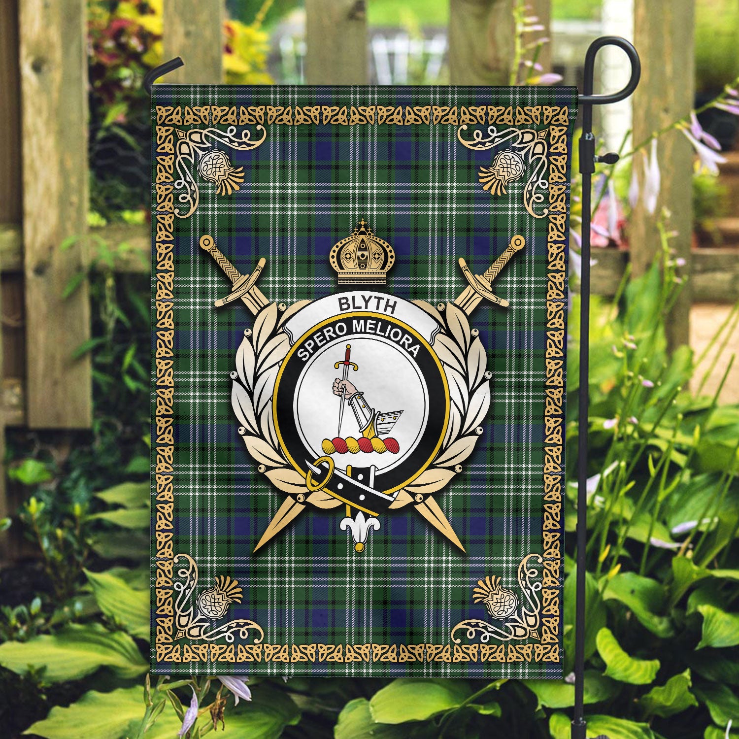 Blyth Tartan Crest Garden Flag - Celtic Thistle Style