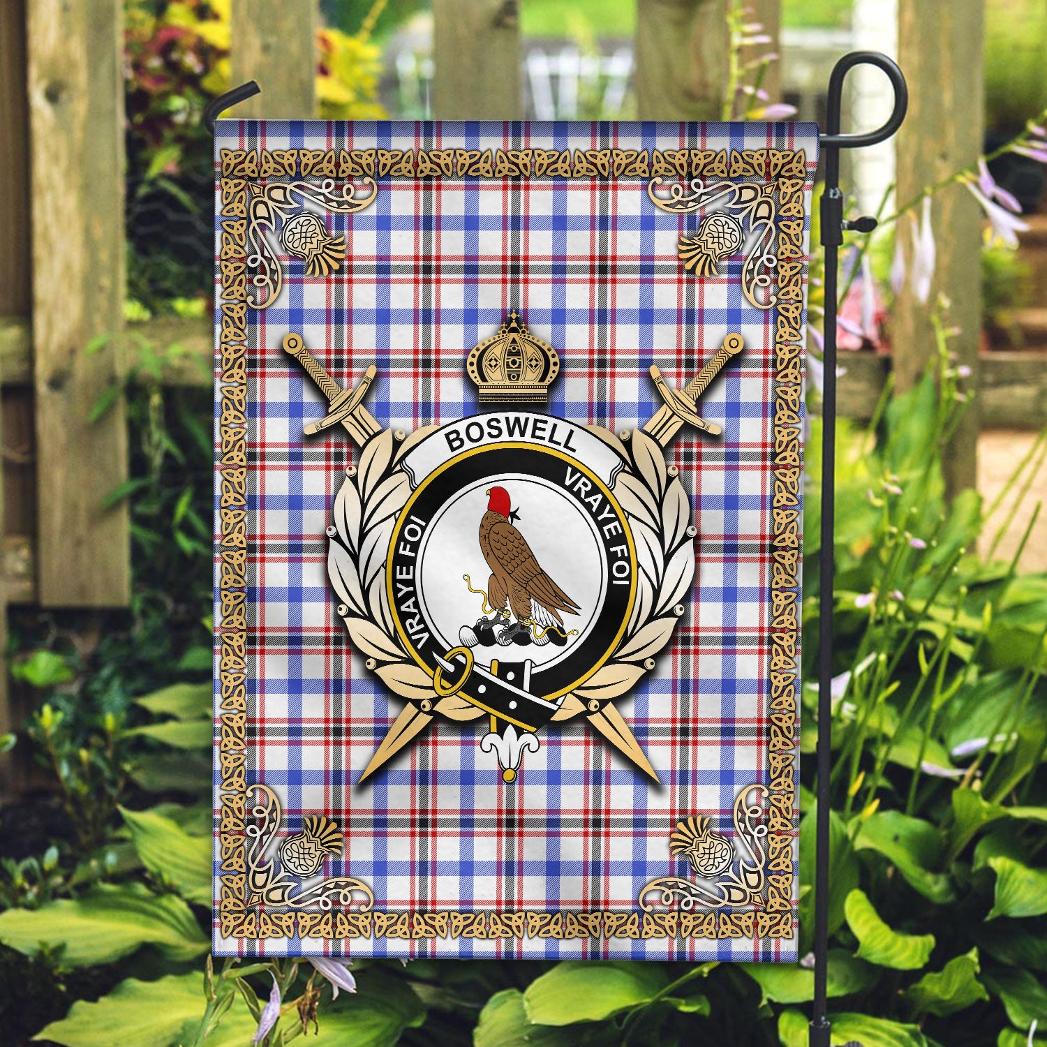Boswell Modern Tartan Crest Garden Flag - Celtic Thistle Style