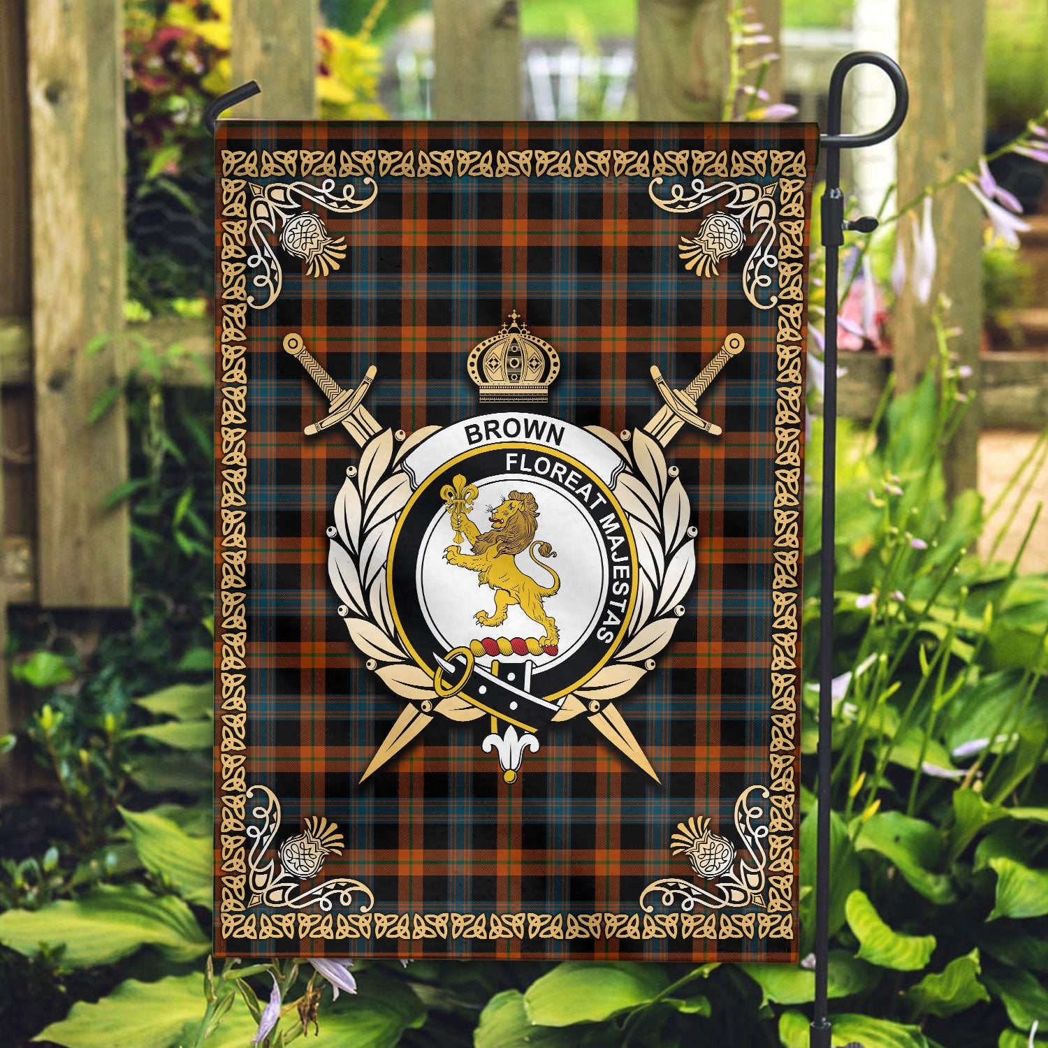 Brown Ancient Tartan Crest Garden Flag - Celtic Thistle Style