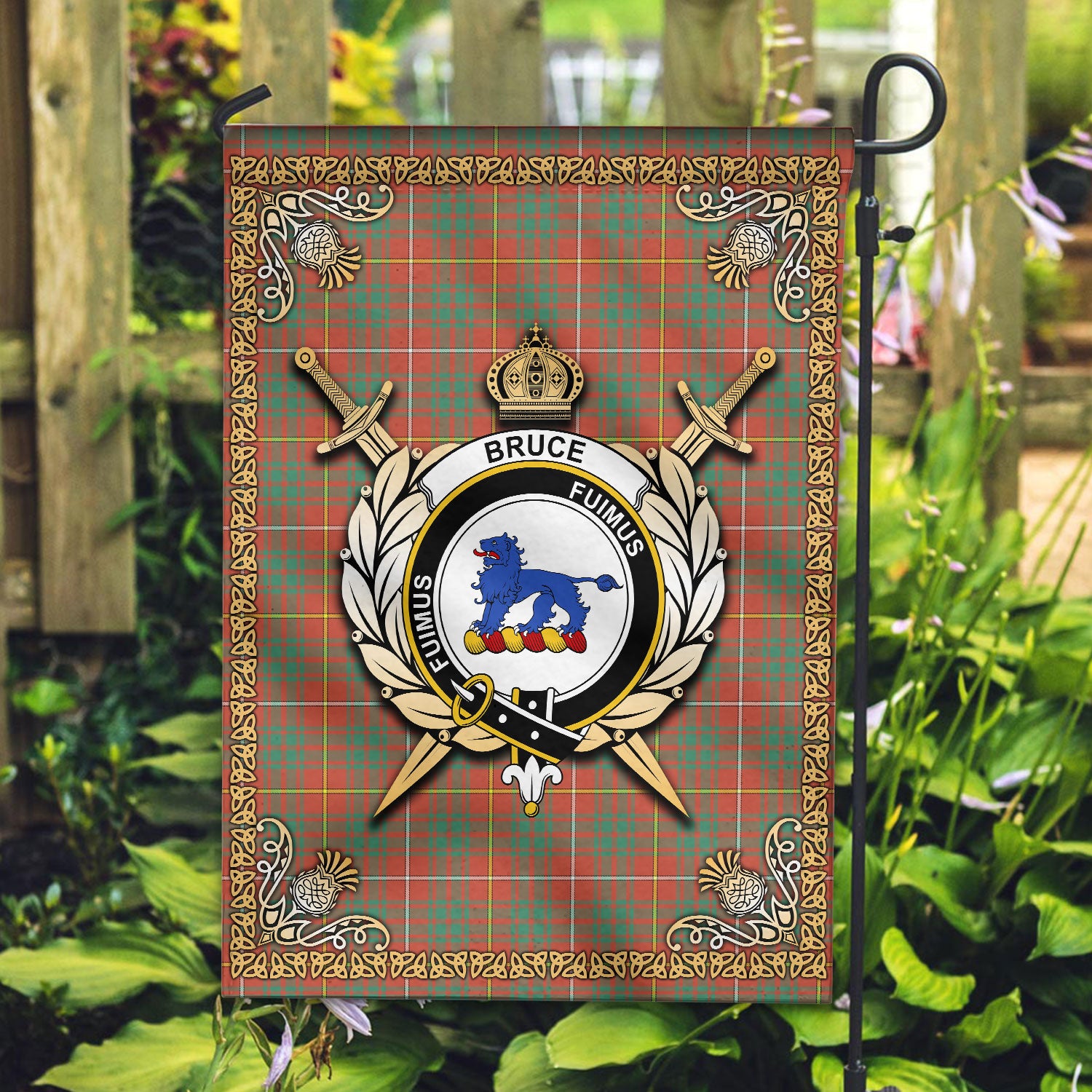 Bruce Ancient Tartan Crest Garden Flag - Celtic Thistle Style