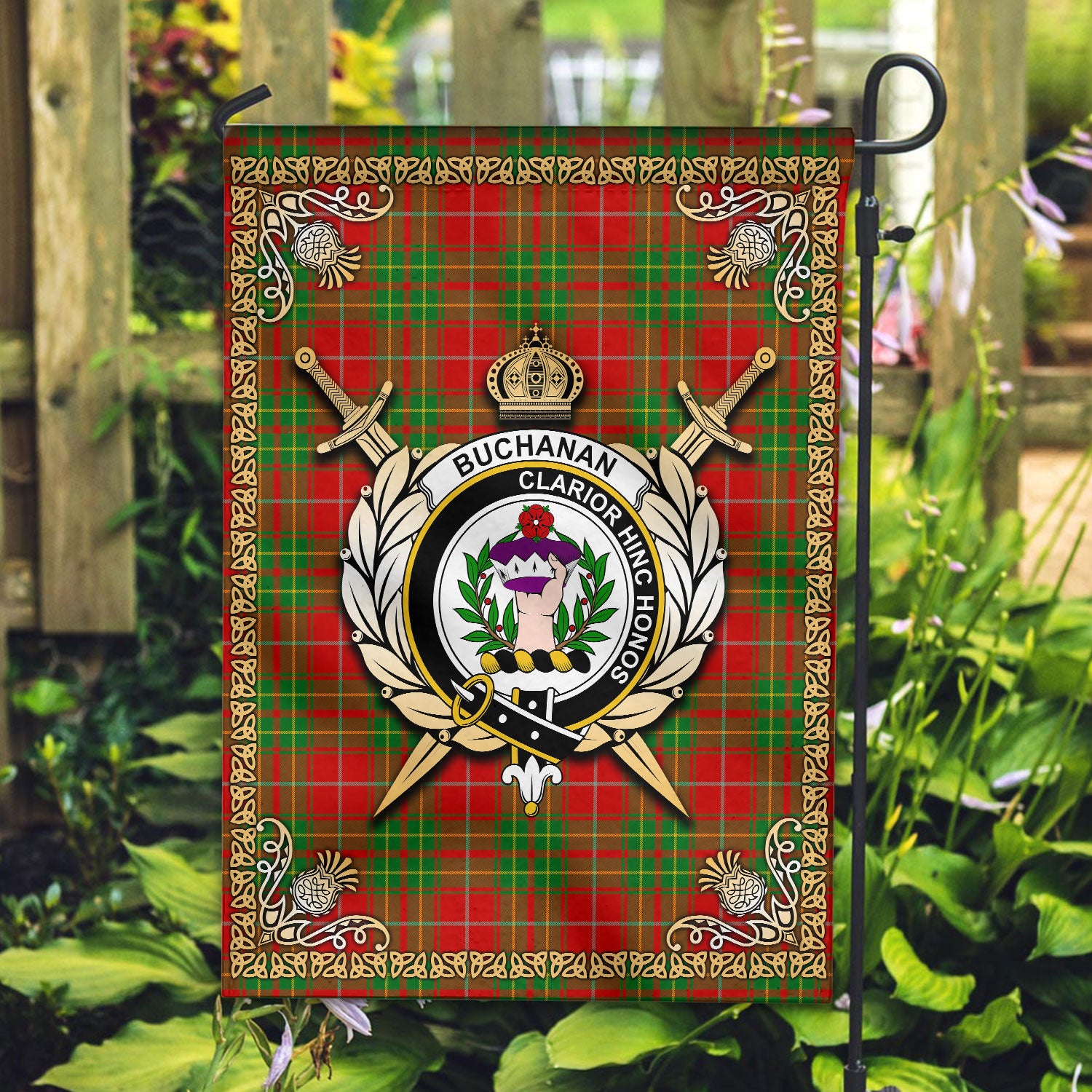 Burnett Ancient Tartan Crest Garden Flag - Celtic Thistle Style