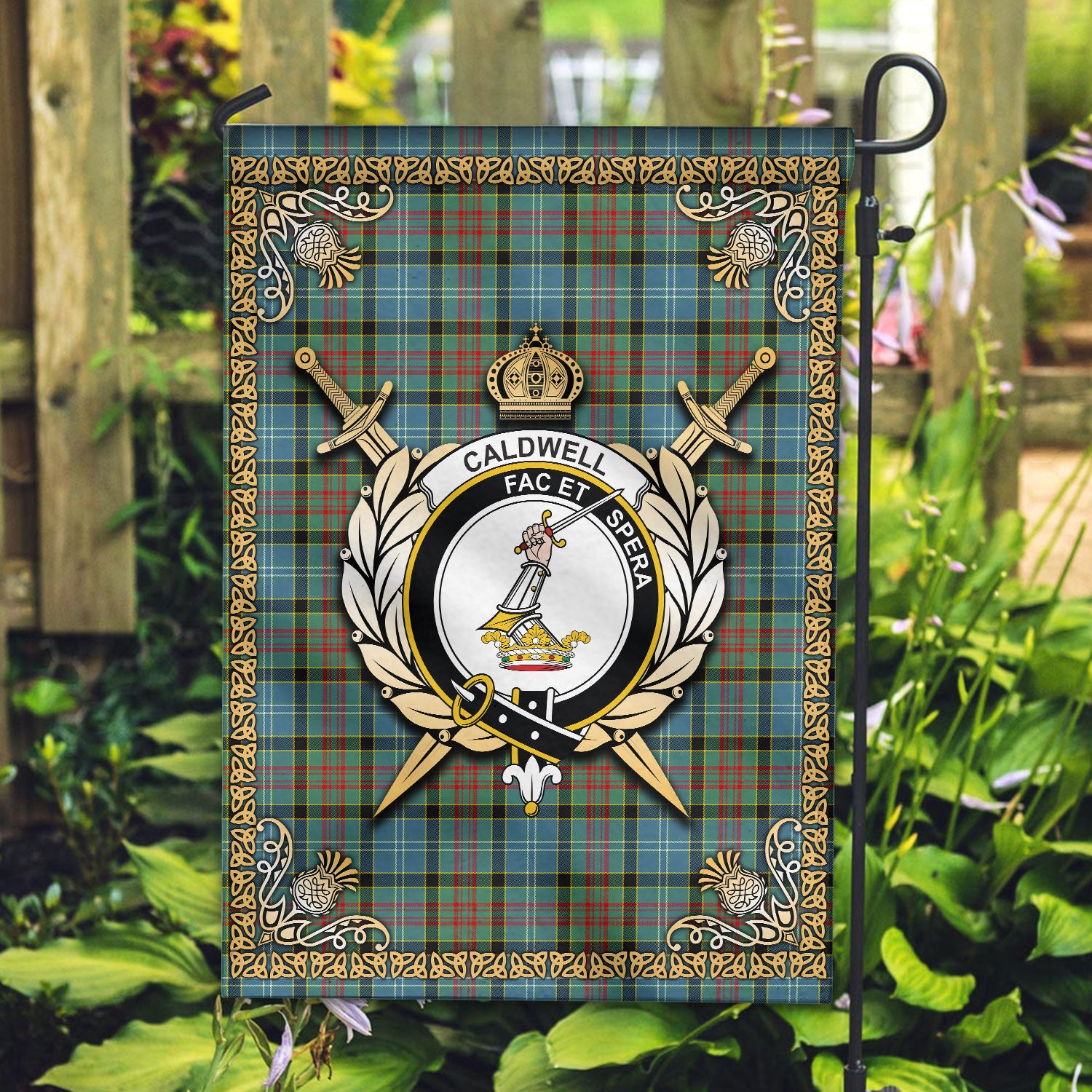 Caldwell Tartan Crest Garden Flag - Celtic Thistle Style