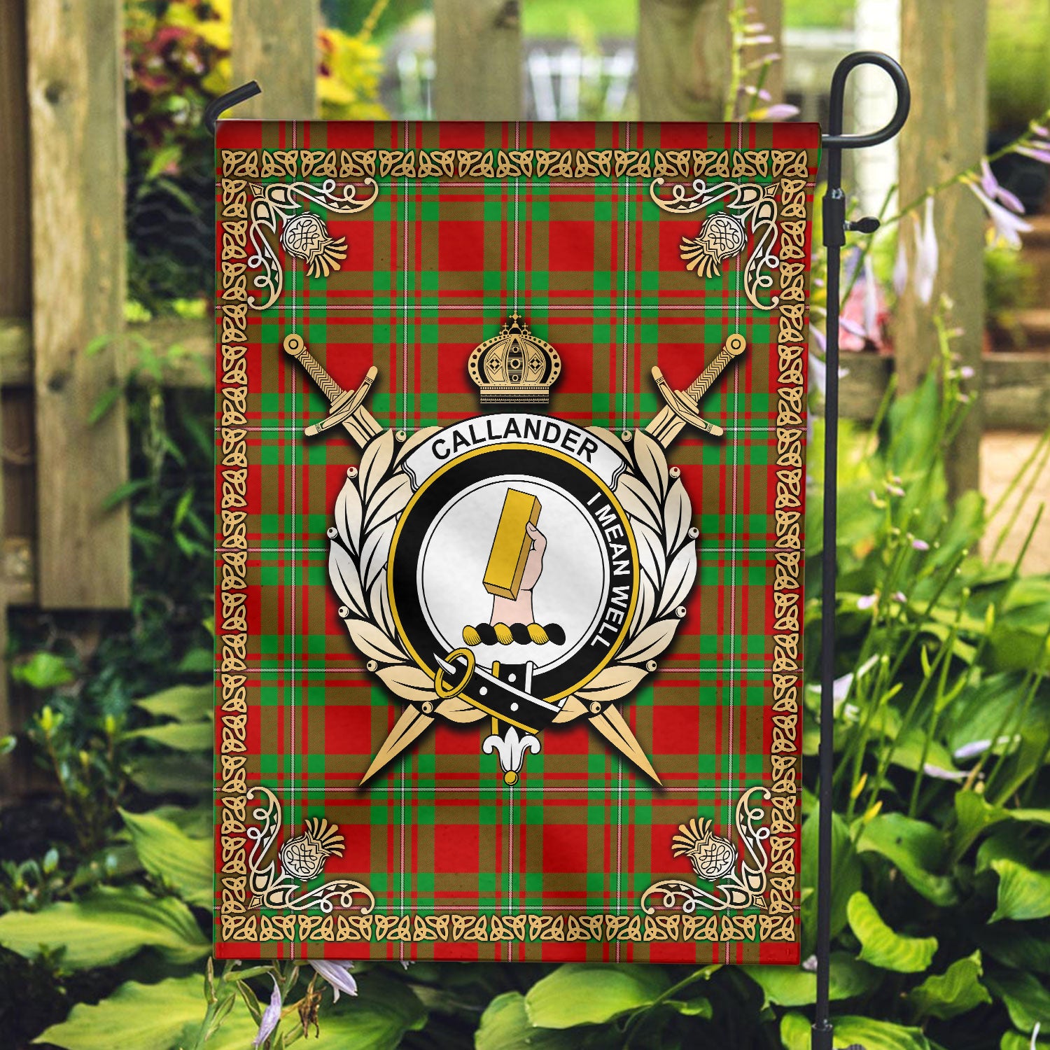 Callander Tartan Crest Garden Flag - Celtic Thistle Style