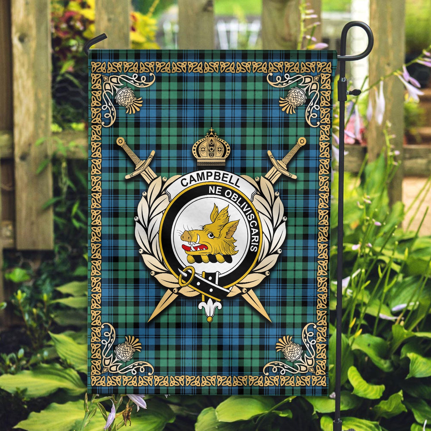 Campbell Ancient 01 Tartan Crest Garden Flag - Celtic Thistle Style