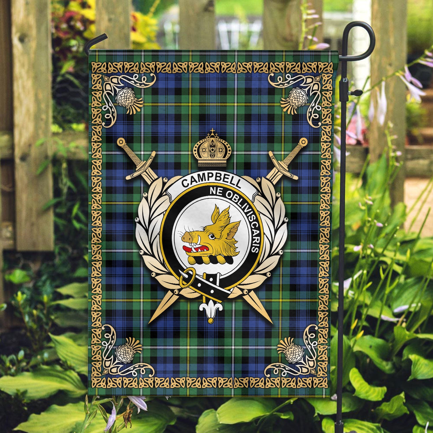 Campbell Argyll Ancient Tartan Crest Garden Flag - Celtic Thistle Style
