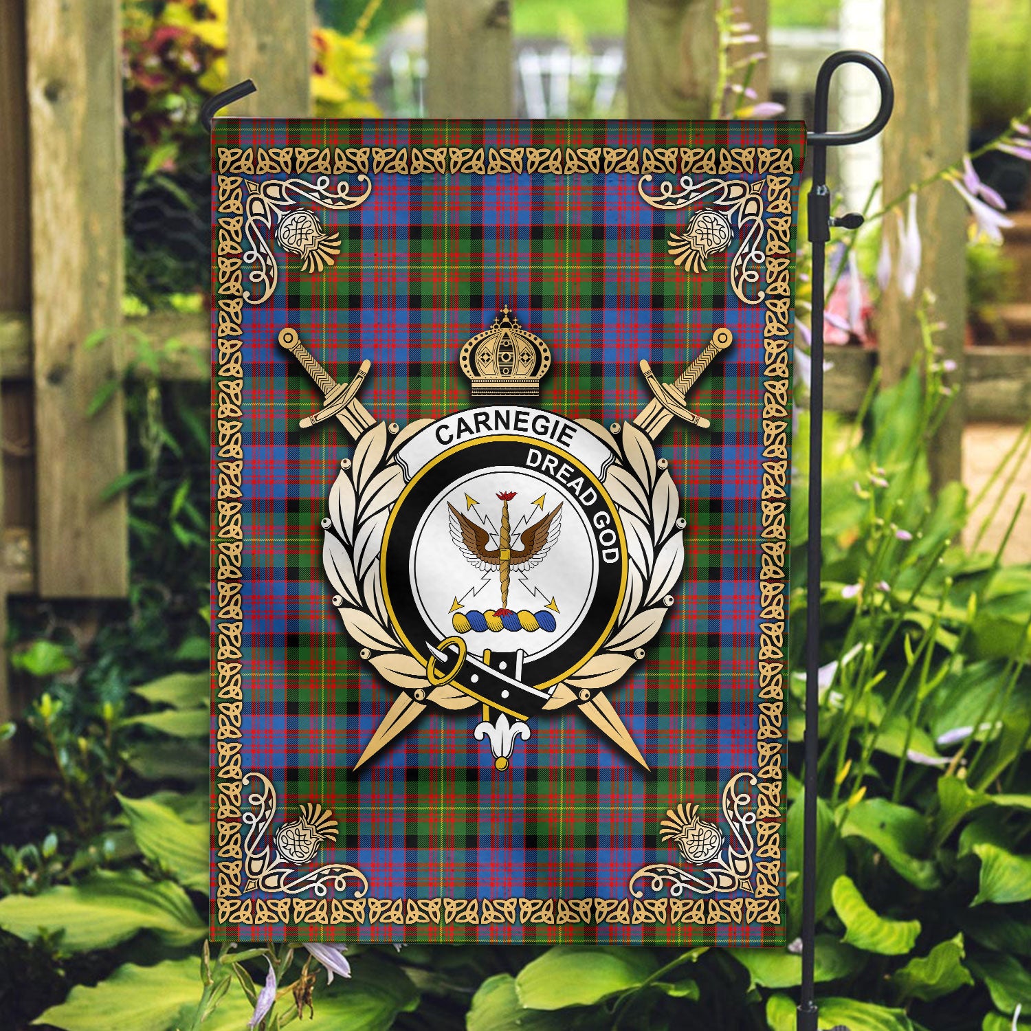 Carnegie Ancient Tartan Crest Garden Flag - Celtic Thistle Style