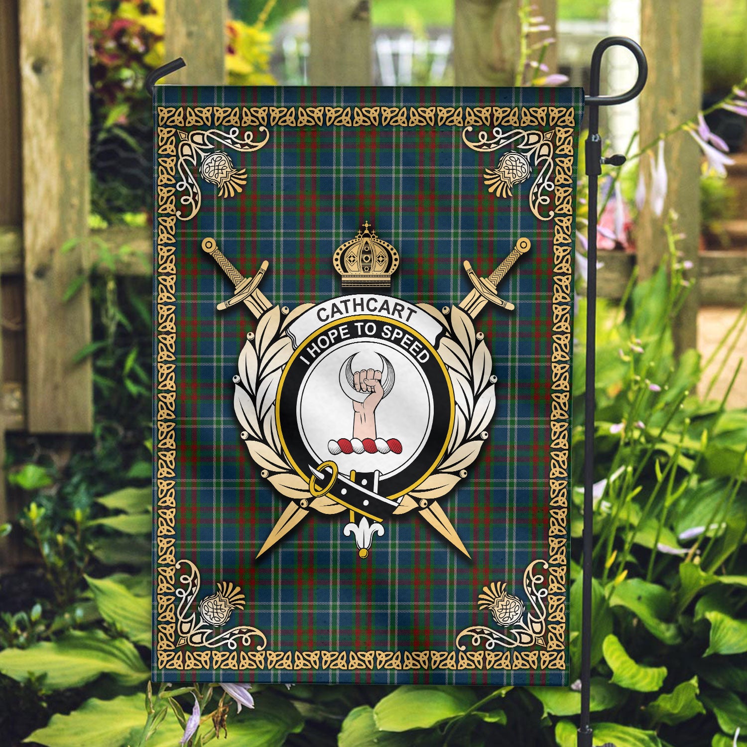 Cathcart Tartan Crest Garden Flag - Celtic Thistle Style