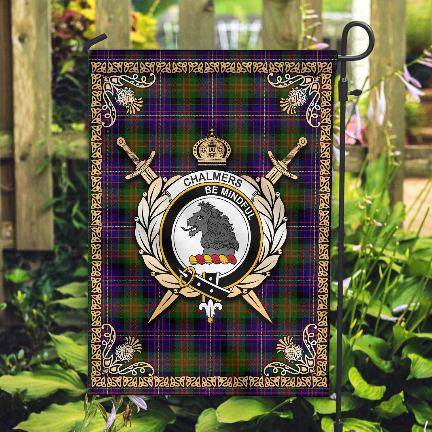 Chalmers Tartan Crest Garden Flag - Celtic Thistle Style
