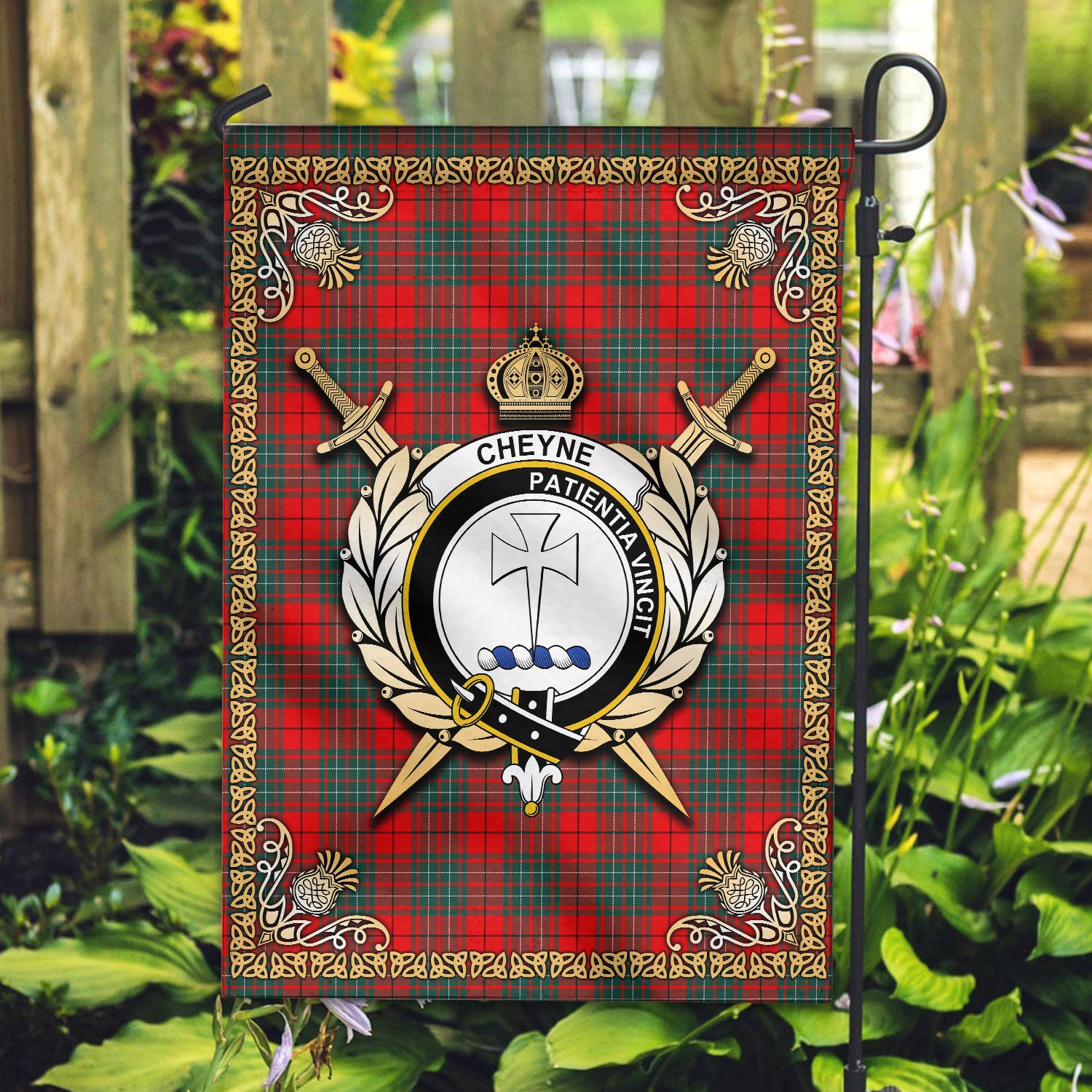 Cheyne Tartan Crest Garden Flag - Celtic Thistle Style