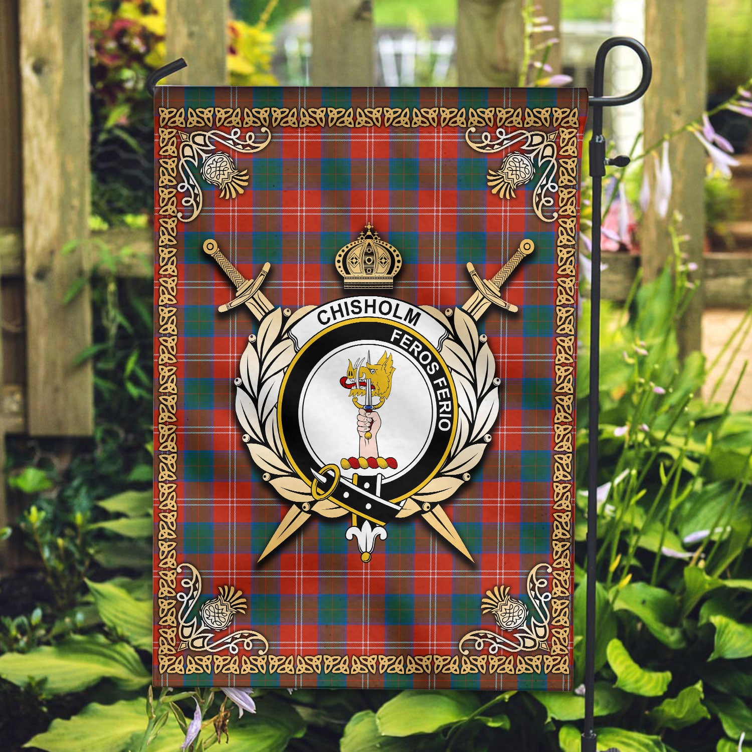 Chisholm Ancient Tartan Crest Garden Flag - Celtic Thistle Style
